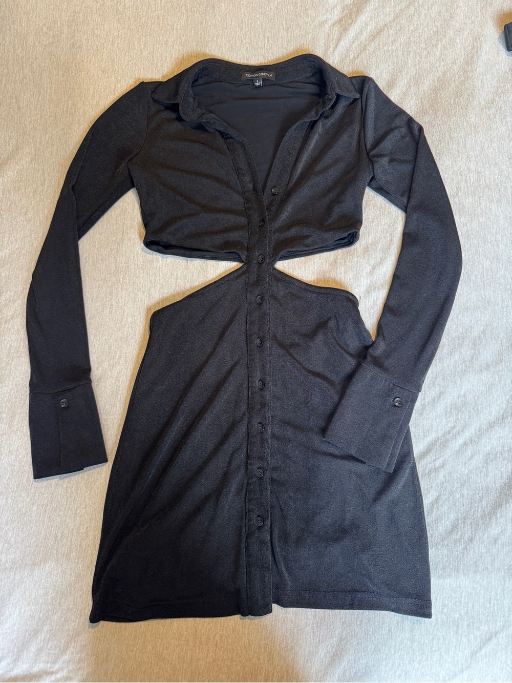 Black Long-Sleeve Front Cutout Open Back Button Up Dress Cotton Candy LA